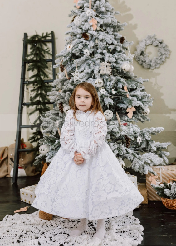 Long Sleeves Beaded White Lace Tulle Flower Girl Dress